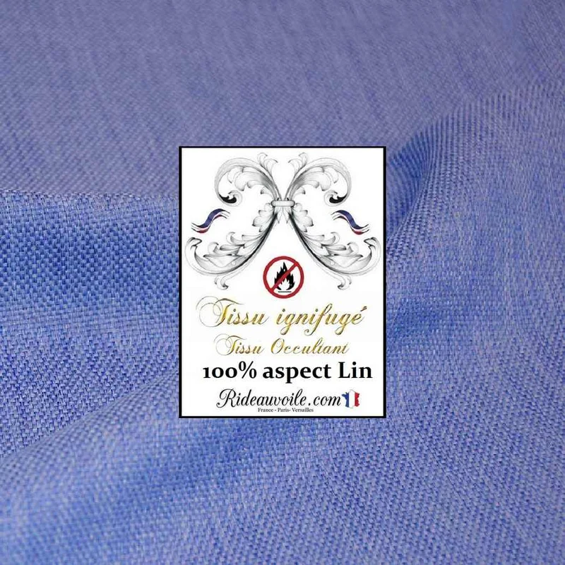 Tissu occultant au mètre ameublement Aspect effet lin naturel BLEU ignifuge