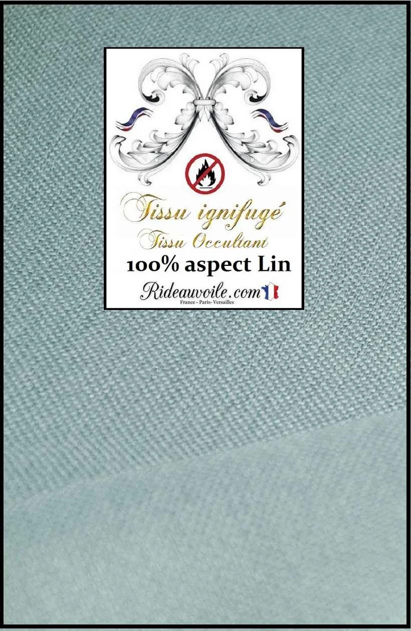 Tissu occultant au mètre ameublement Aspect effet lin naturel bleu M1 ignifuge