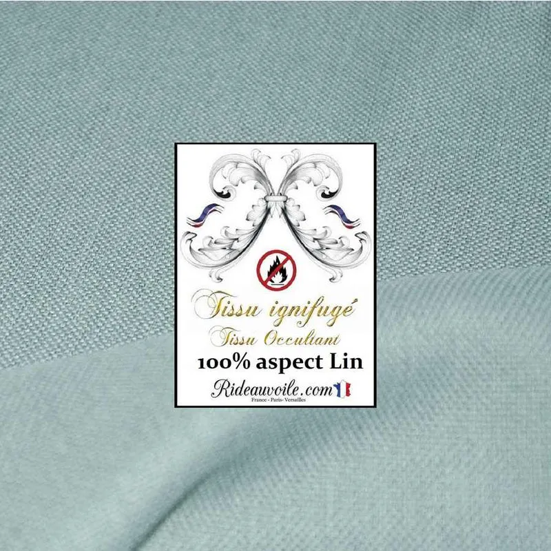Tissu occultant au mètre ameublement Aspect effet lin naturel bleu M1 ignifuge