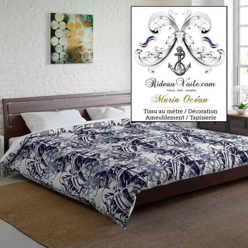 Tissu style Marin Toile de Jouy Bleu au mètre coton voilage rideau lin sur mesure