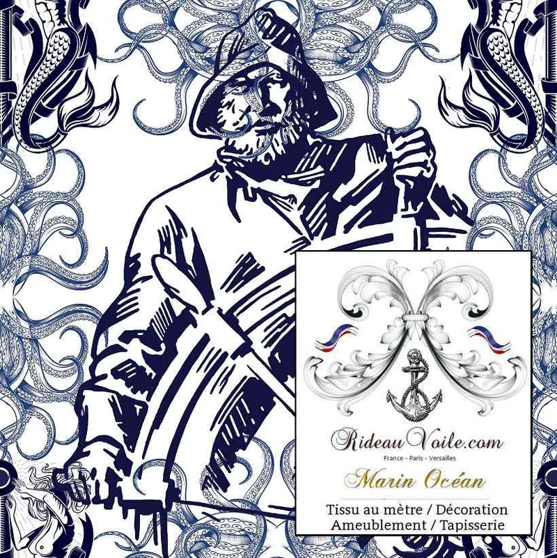 Tissu style Marin Toile de Jouy Bleu au mètre coton voilage rideau lin sur mesure