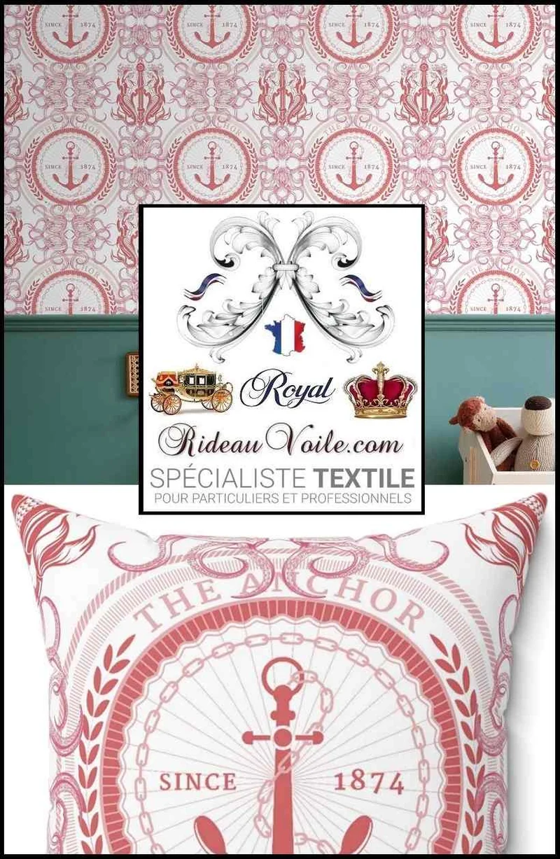 Tissu Toile de Jouy ROSE ameublement imprimé style Marin Pêcheur Anchor mètre