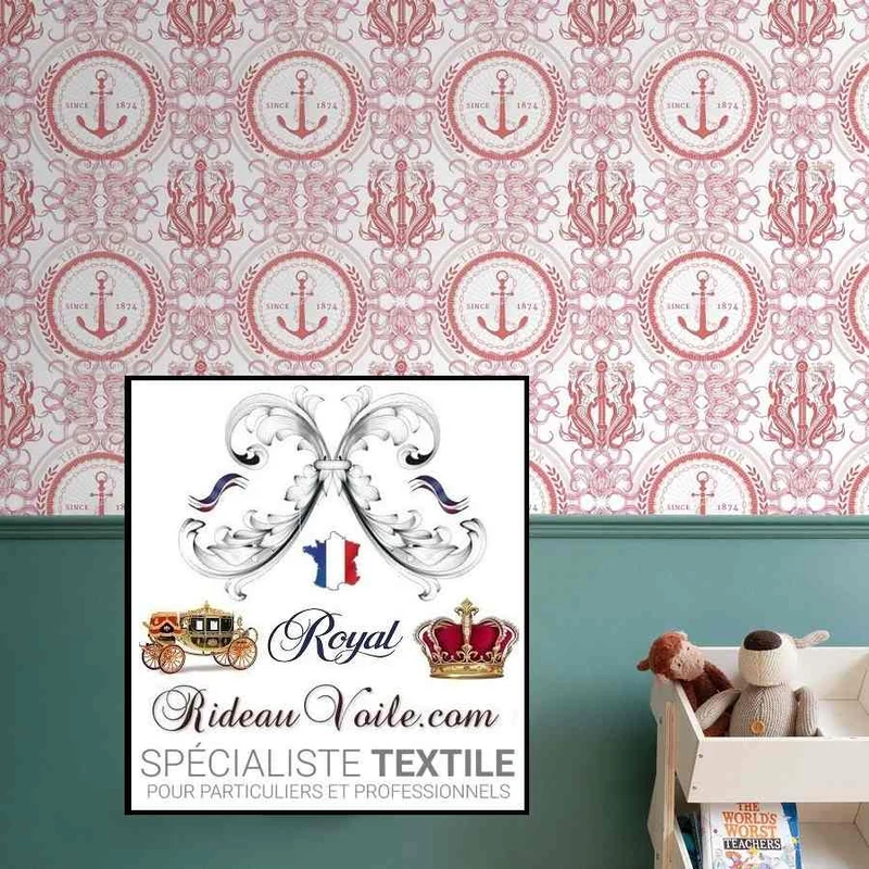 Tissu Toile de Jouy ROSE ameublement imprimé style Marin Pêcheur Anchor mètre
