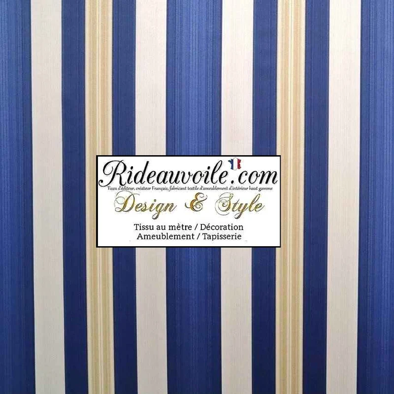 Jacquard Baroque tissu ameublement grande largeur 280cm bleu rayures écru ivoire mètre