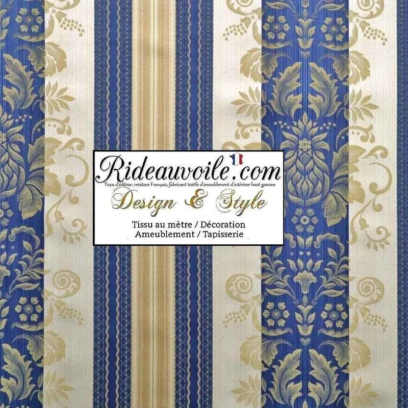 Jacquard Baroque tissu ameublement grande largeur 280cm bleu rayures écru ivoire