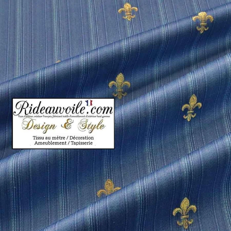 Jacquard Baroque tissu ameublement grande largeur 280cm bleu fleur de Lys or