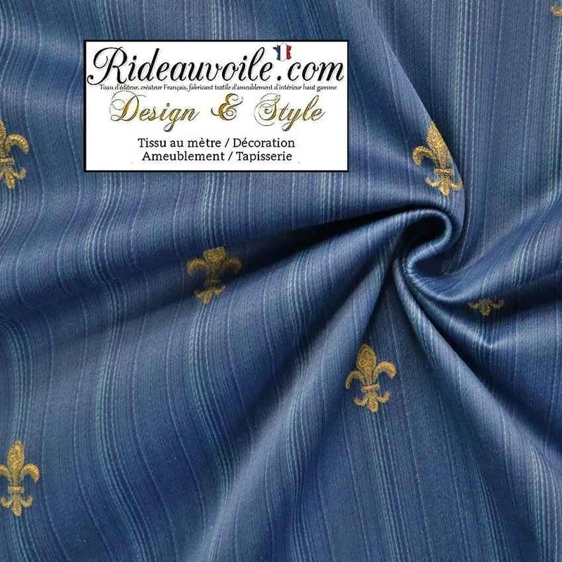 Jacquard Baroque tissu ameublement grande largeur 280cm bleu fleur de Lys or