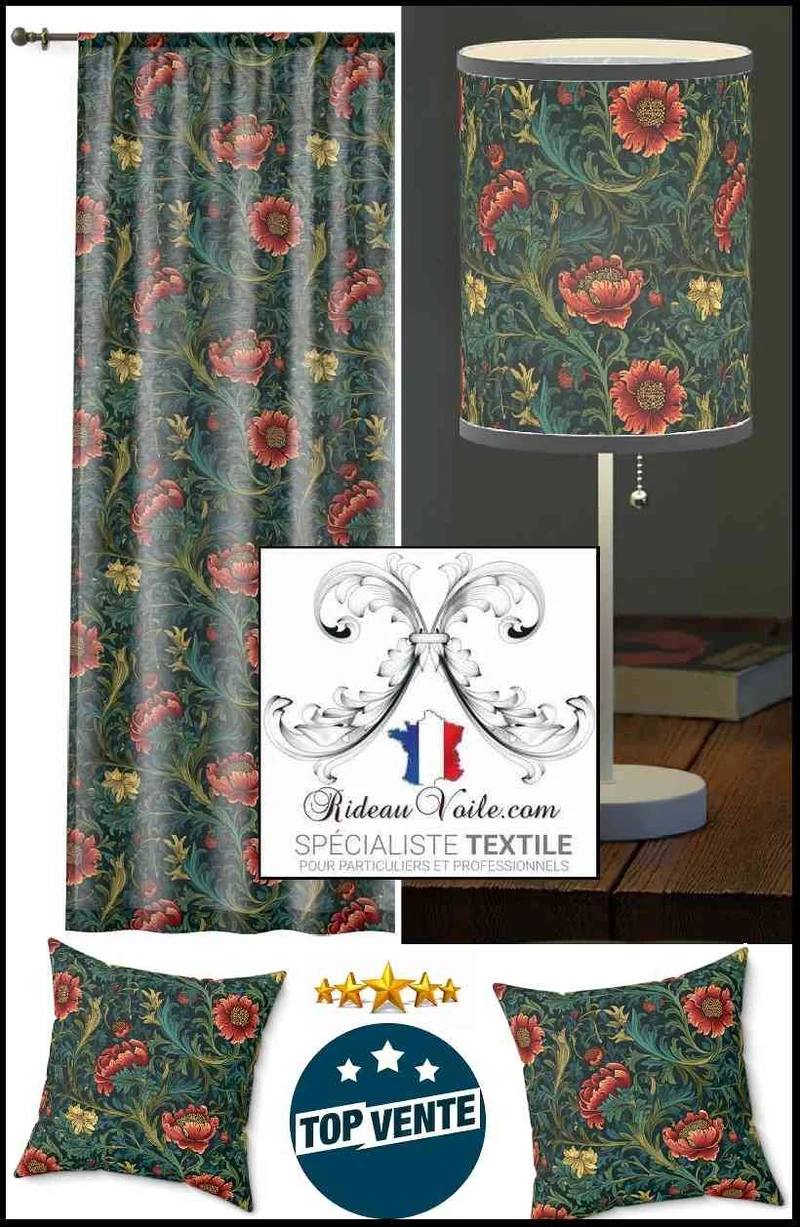Tissu Arts Crafts imprimé feuillages fleurs plantes mètre décoration rideau sur mesure