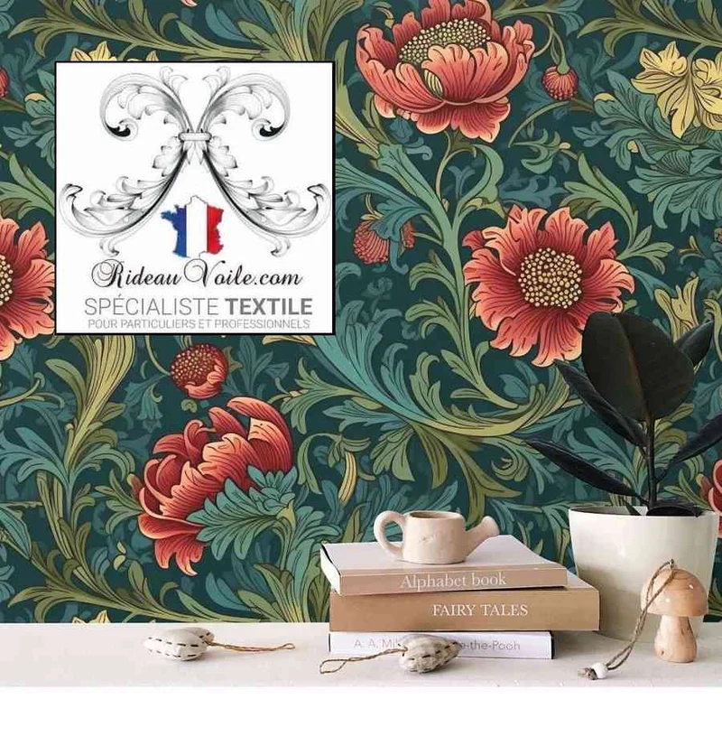 Tissu Arts Crafts imprimé feuillages fleurs plantes mètre décoration rideau sur mesure