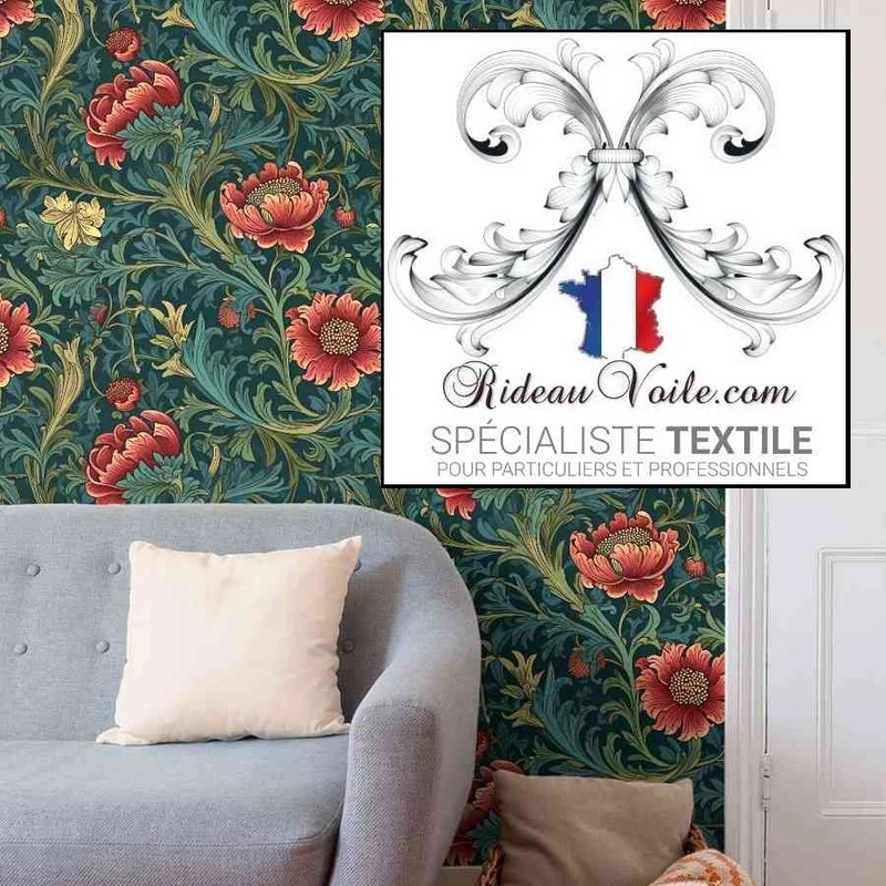 Tissu Arts Crafts imprimé feuillages fleurs plantes mètre décoration rideau sur mesure