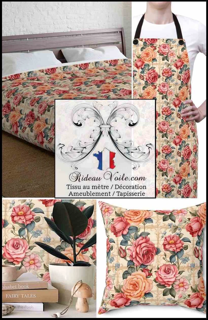 Tissu ameublement ignifuge occultant imprimé floral Roses romantique vintage shabby
