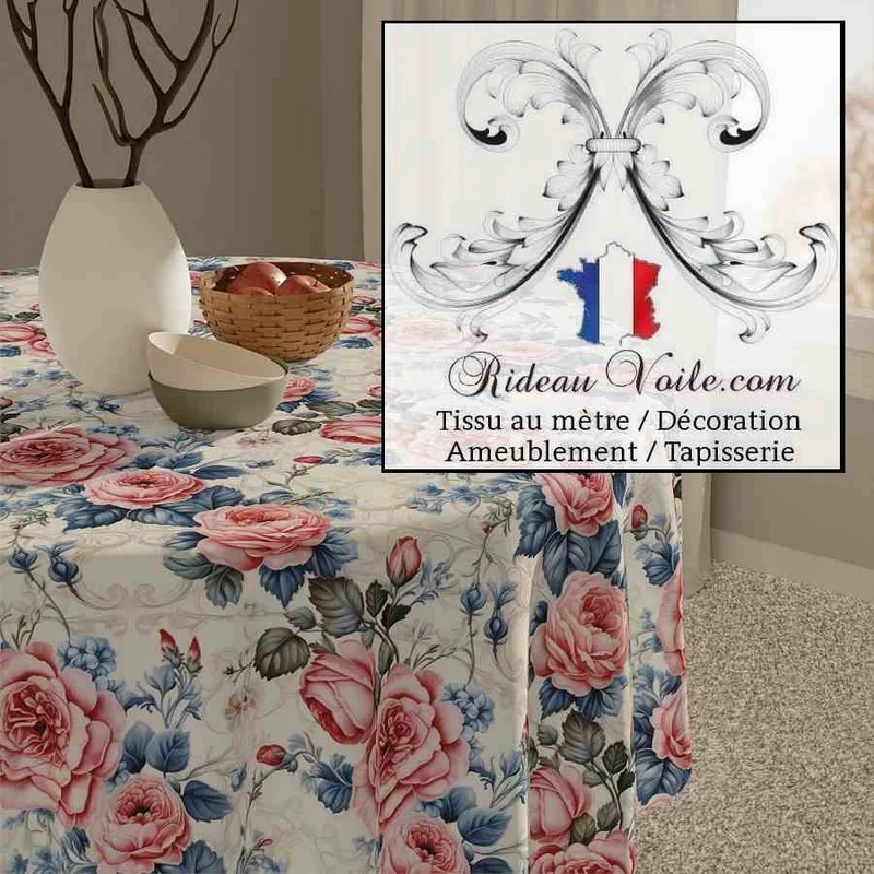 Tissu ameublement ignifuge occultant imprimé floral Roses romantique vintage shabby mètre