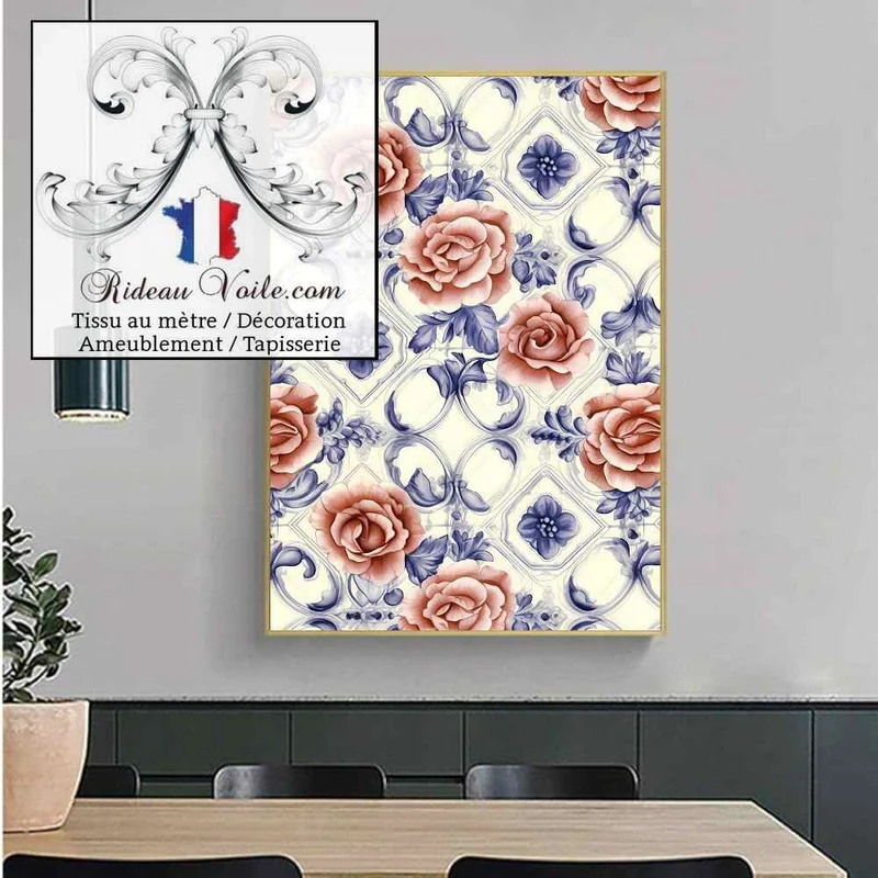 Tissu ameublement ignifuge occultant motif Roses imprimé floral vintage campagne mètre