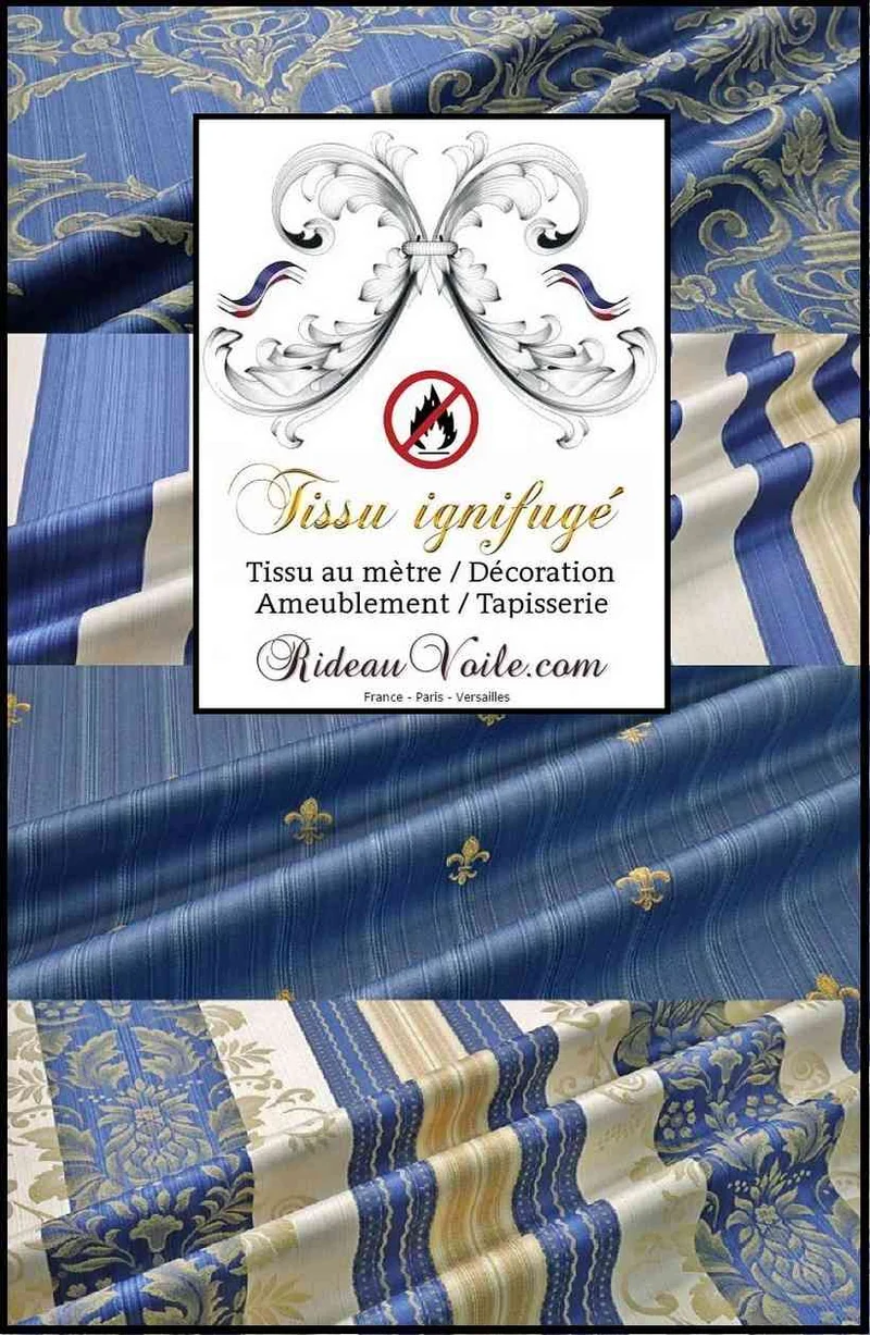 Équipement CHR Tissu jacquard ameublement IGNIFUGE style Baroque bleu mètre