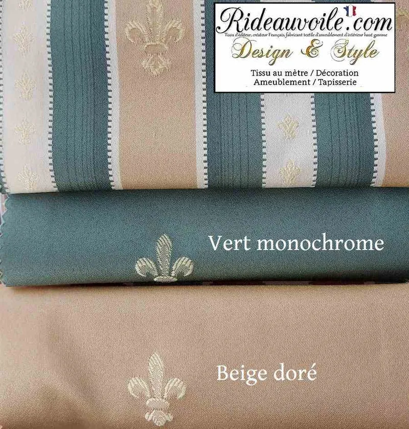 Tissu ameublement Jacquard occultant Fleur de lys vert au mètre rideau sur mesure