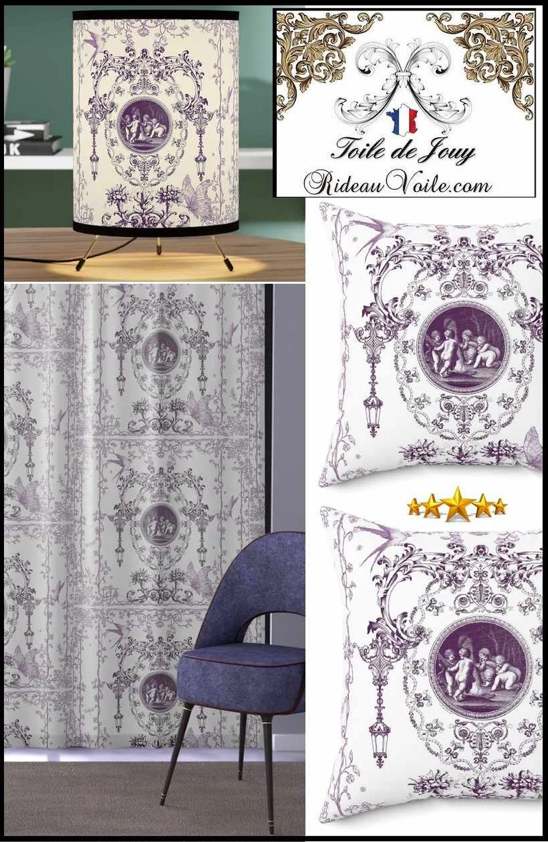 Tissu Toile de Jouy violet imprimé anges au mètre Travaux Architecte Rénovation rideau