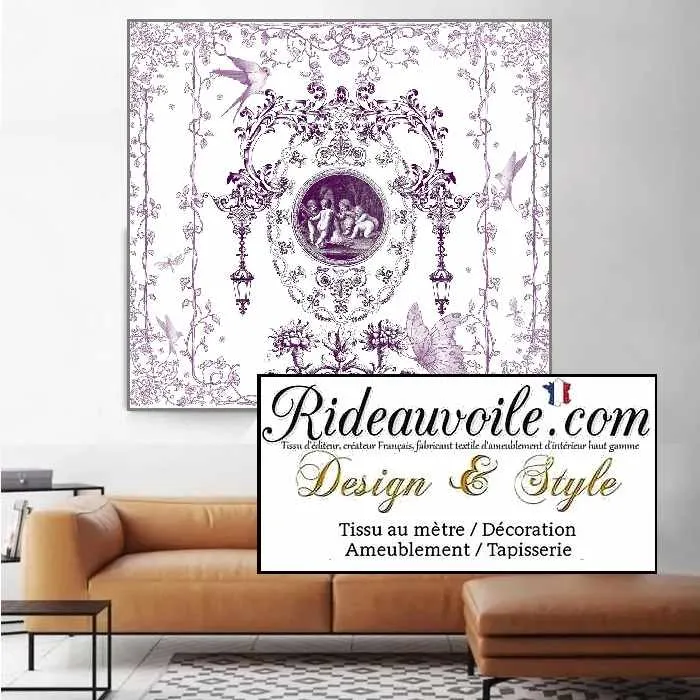 Tissu Toile de Jouy violet imprimé anges au mètre Travaux Architecte Rénovation rideau