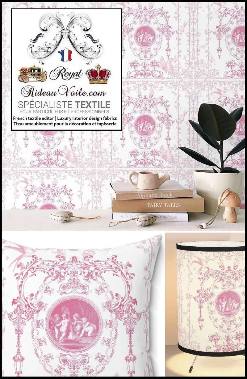 Intérieur Toile de Jouy Rose tissu au mètre Travaux Rénovation architecte ameublement rideau
