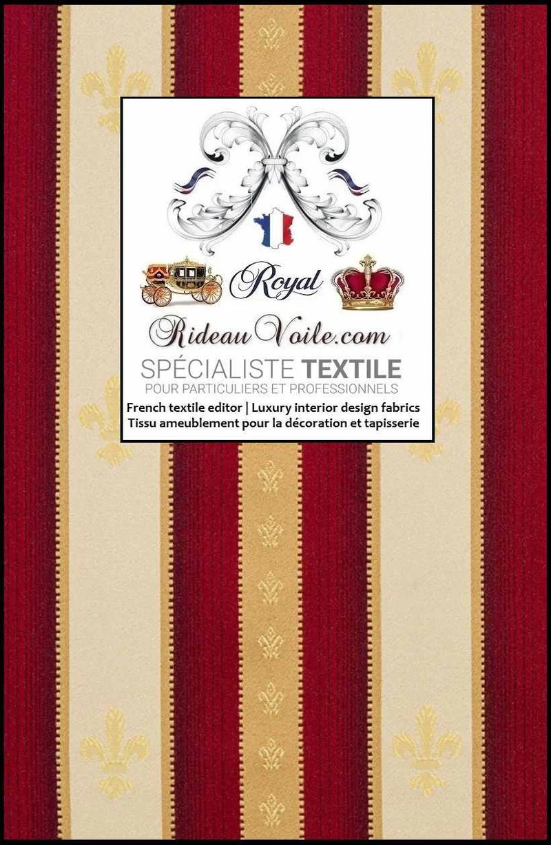 Tissu ameublement broderie Fleur de lys rayures JACQUARD Rouge Or intérieur rideau