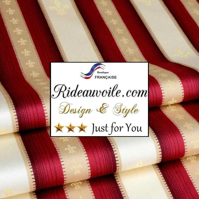 Tissu ameublement broderie Fleur de lys rayures JACQUARD Rouge Or intérieur rideau
