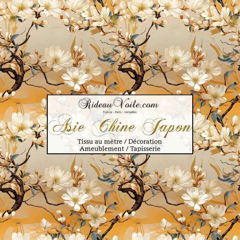 Tissu occultant ignifuge motif asiatique fleur vase céramique mètre rideau voilage déco