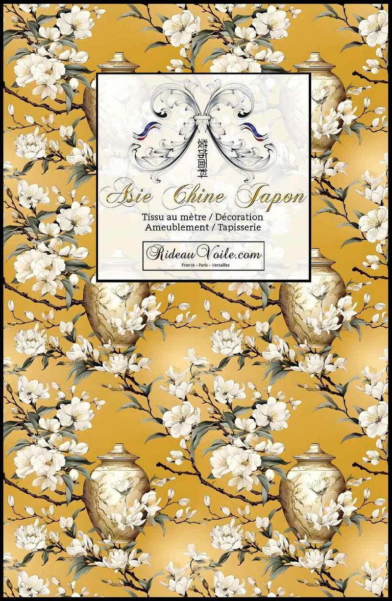 Tissu occultant ignifuge motif asiatique fleur vase céramique mètre rideau sur mesure