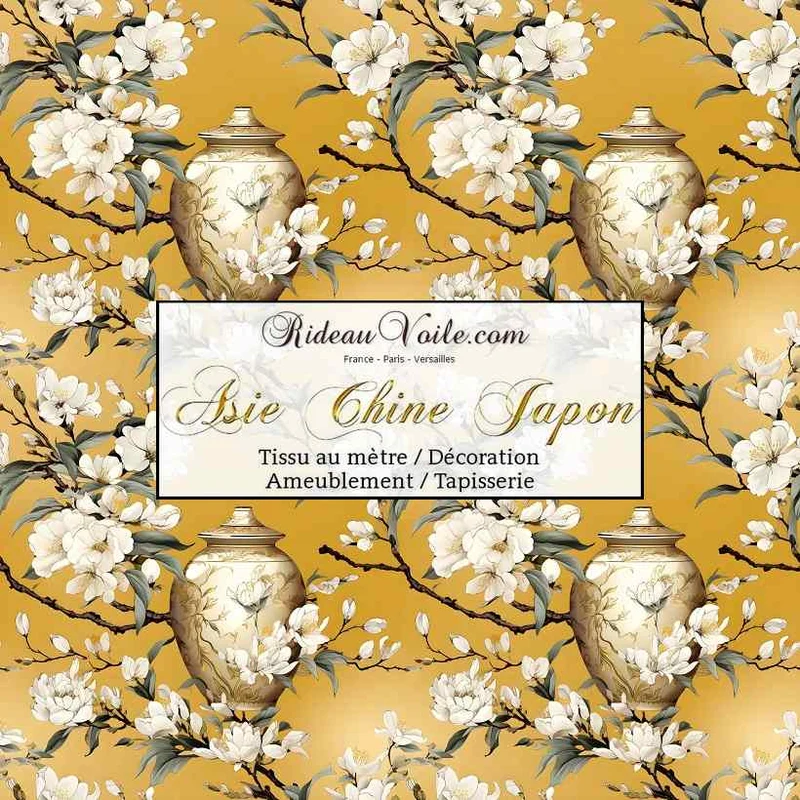 Tissu occultant ignifuge motif asiatique fleur vase céramique mètre rideau sur mesure