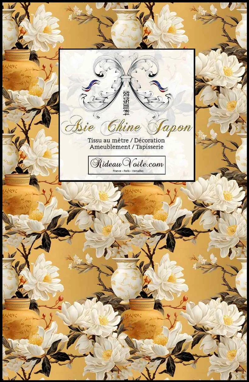 Tissu ameublement motif asiatique magnolia vase céramique chinois mètre rideau