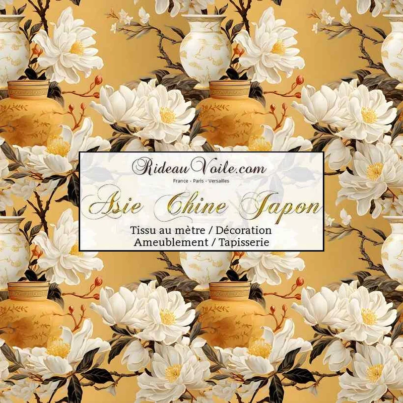 Tissu ameublement motif asiatique magnolia vase céramique chinois mètre rideau