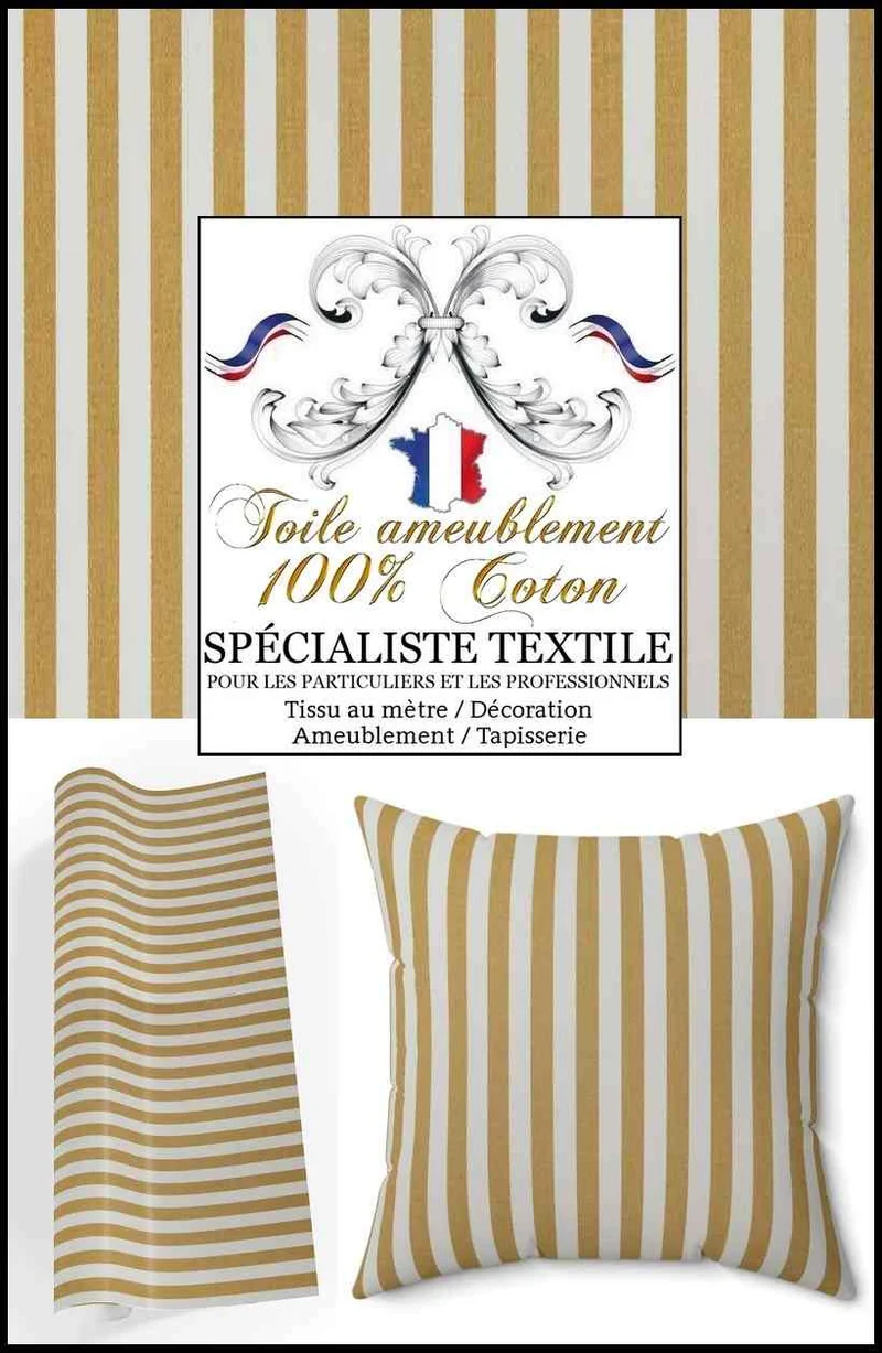 Boutique TISSU Toile à matelas Coton rayures jaune Ocre au mètre rideau store abat jour