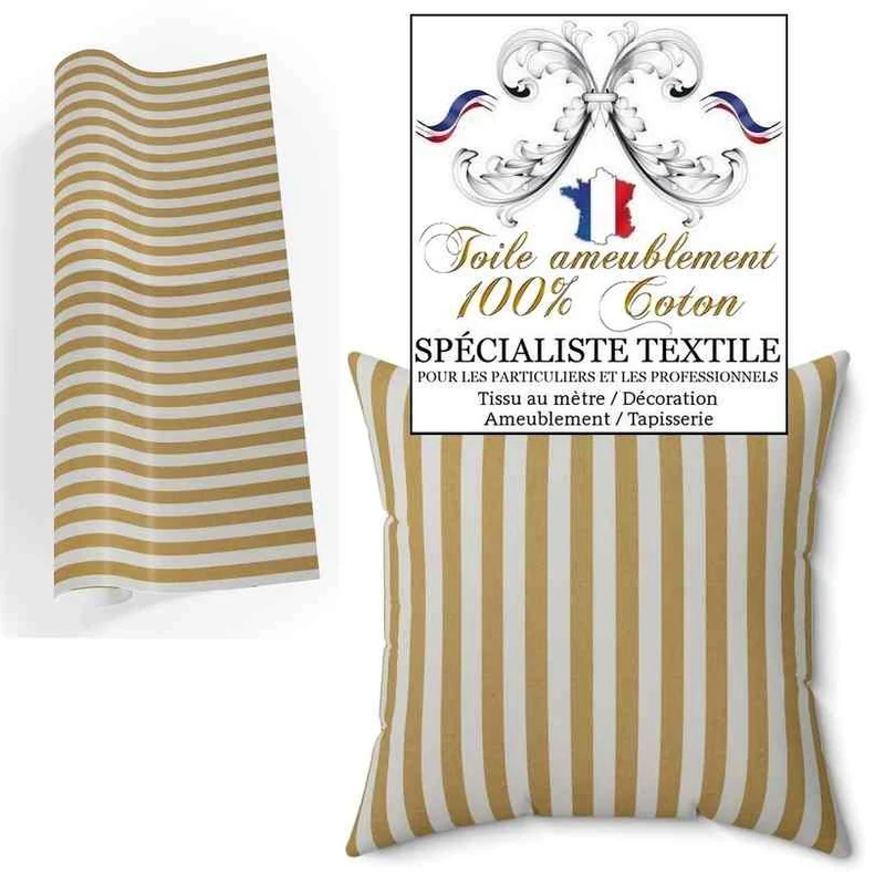 Boutique TISSU Toile à matelas Coton rayures jaune Ocre au mètre rideau store abat jour