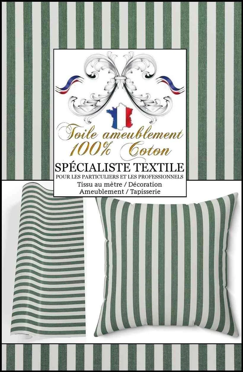 Boutique TISSU Toile à matelas Coton rayures vert sapin au mètre rideau store abat jour