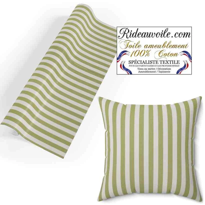 Boutique TISSU Toile à matelas Coton rayures vert ameublement au mètre rideau sur mesure