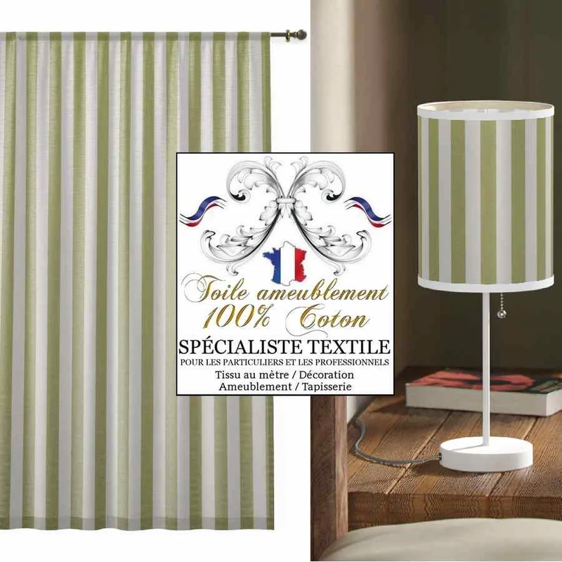 Boutique TISSU Toile à matelas Coton rayures vert ameublement au mètre rideau sur mesure
