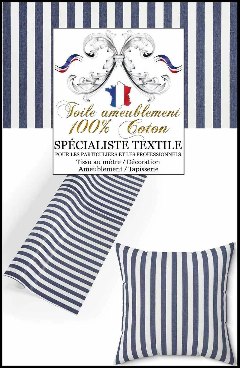 Toile à tapissier Coton rayé ligne bleu ameublement au mètre siège couture fauteuil rideau