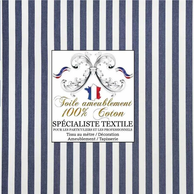 Toile à tapissier Coton rayé ligne bleu ameublement au mètre siège couture fauteuil rideau