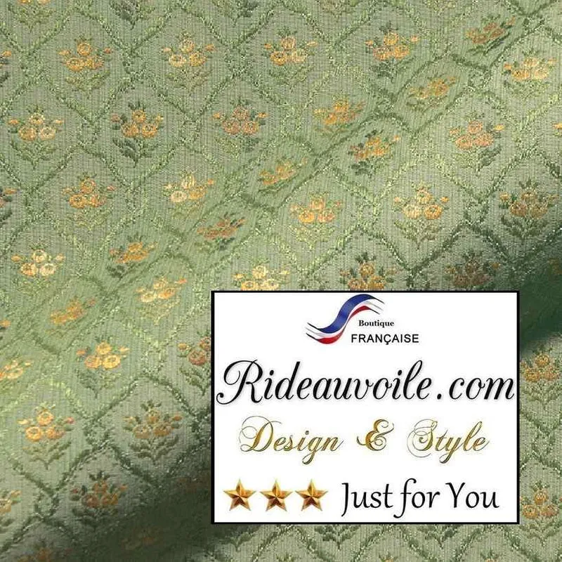 Tissu d'éditeur Jacquard ameublement motif croisillon broderie florale vert bouton d'Or