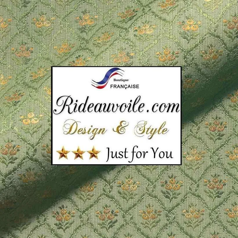 Tissu d'éditeur Jacquard ameublement motif croisillon broderie florale vert bouton d'Or