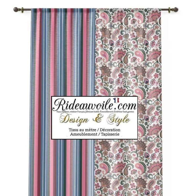 Tissu ameublement Toile de Jouy rayures vert rose bleu Paisley mètre rideau