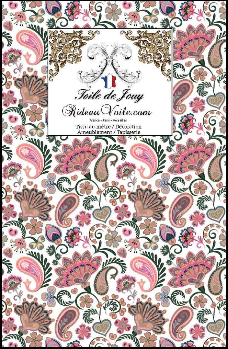 Tissu ameublement rose vert motif floral Toile de Jouy ornement Indien Paisley mètre