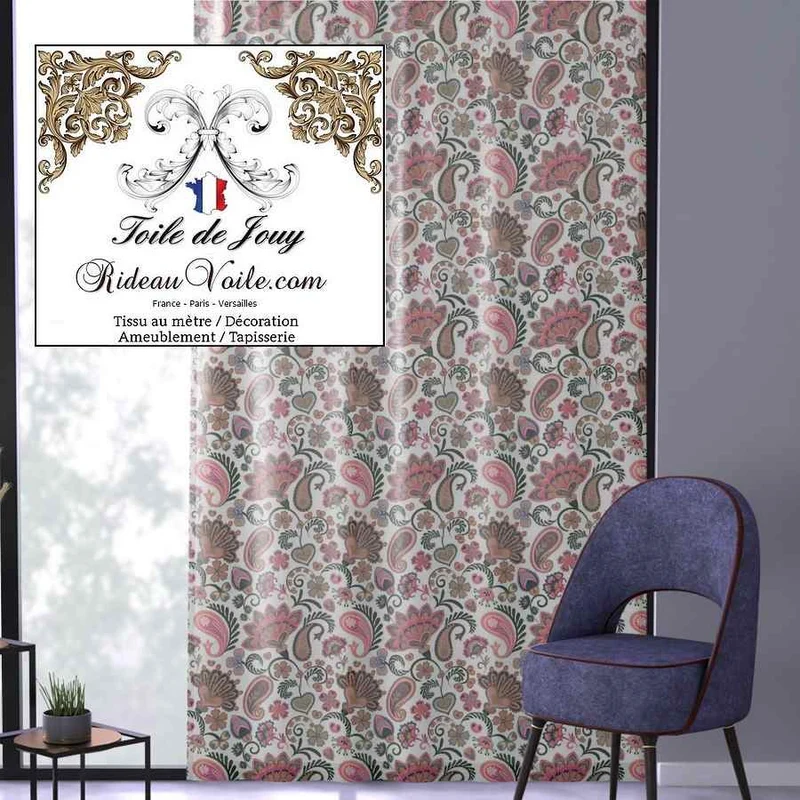 Tissu ameublement rose vert motif floral Toile de Jouy ornement Indien Paisley mètre