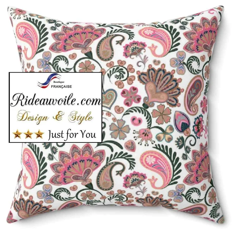 Tissu ameublement rose vert motif floral Toile de Jouy ornement Indien Paisley mètre