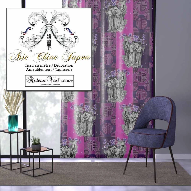 Tissu ameublement motif Japonais imprimé Chinois ignifuge violet parme
