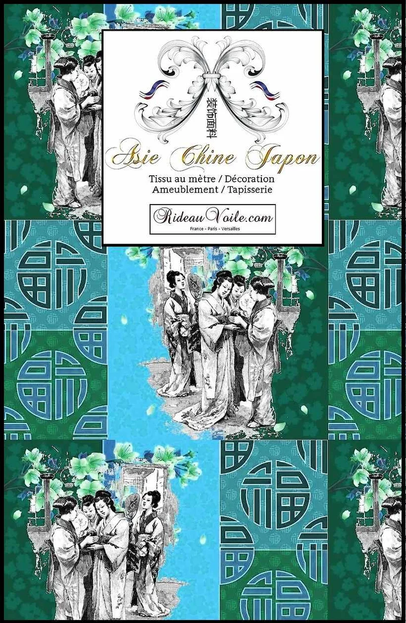 Tissu ameublement bleu vert motif Japonais imprimé Exotique Chinois ignifuge