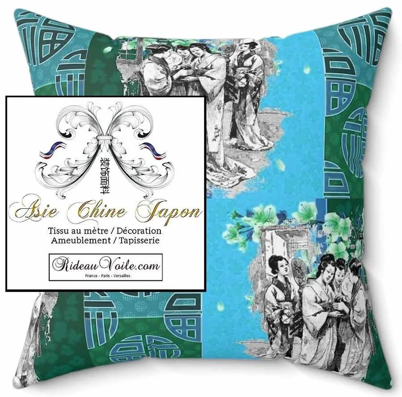 Tissu ameublement bleu vert motif Japonais imprimé Exotique Chinois ignifuge
