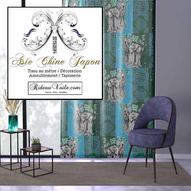 Tissu ameublement bleu vert motif Japonais imprimé Exotique Chinois ignifuge