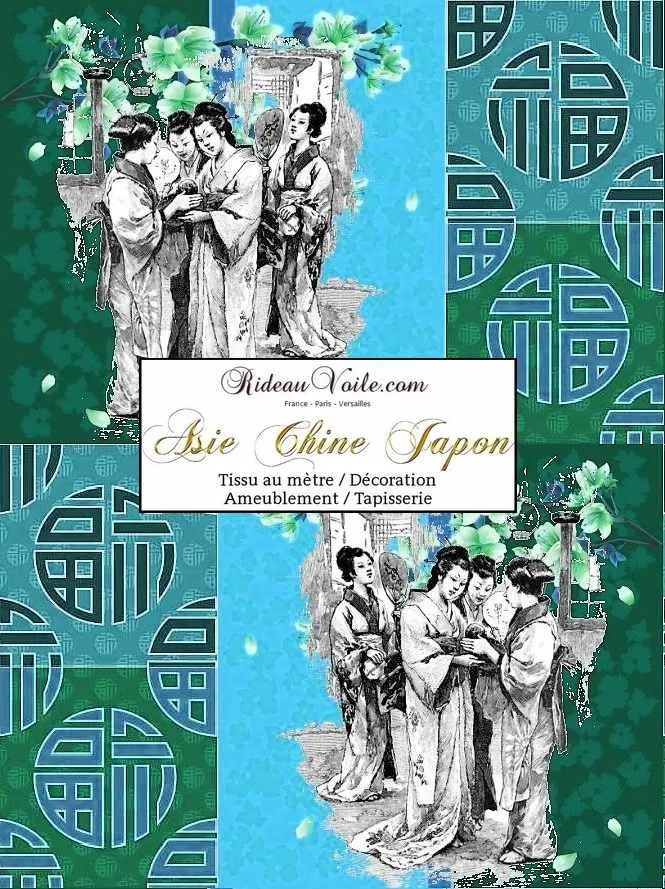 Tissu ameublement bleu vert motif Japonais imprimé Exotique Chinois ignifuge