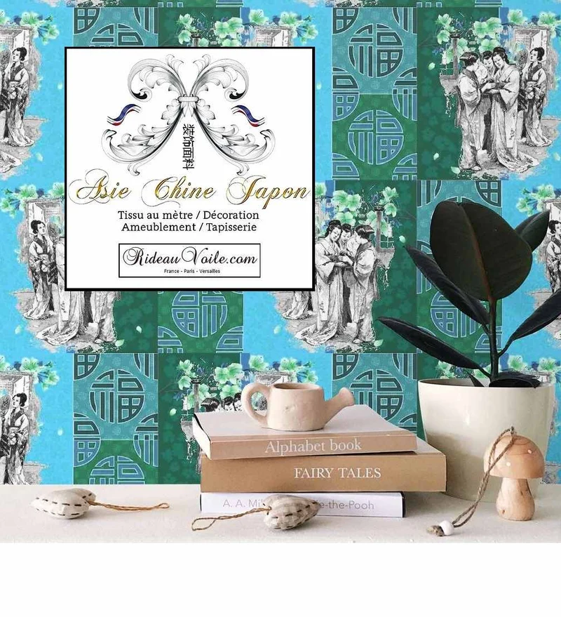Tissu ameublement bleu vert motif Japonais imprimé Exotique Chinois ignifuge