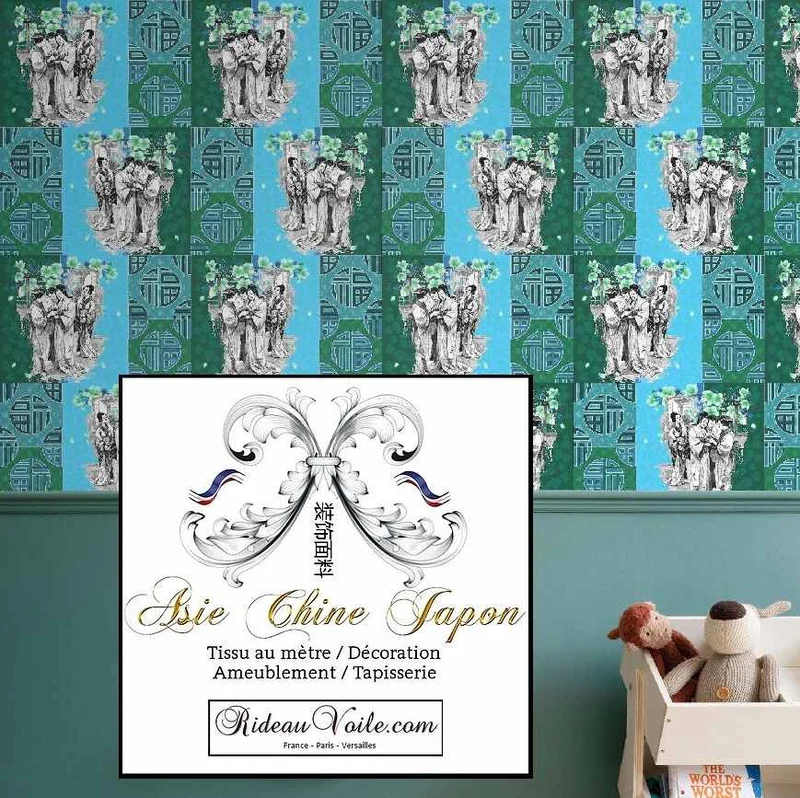 Tissu ameublement bleu vert motif Japonais imprimé Exotique Chinois ignifuge