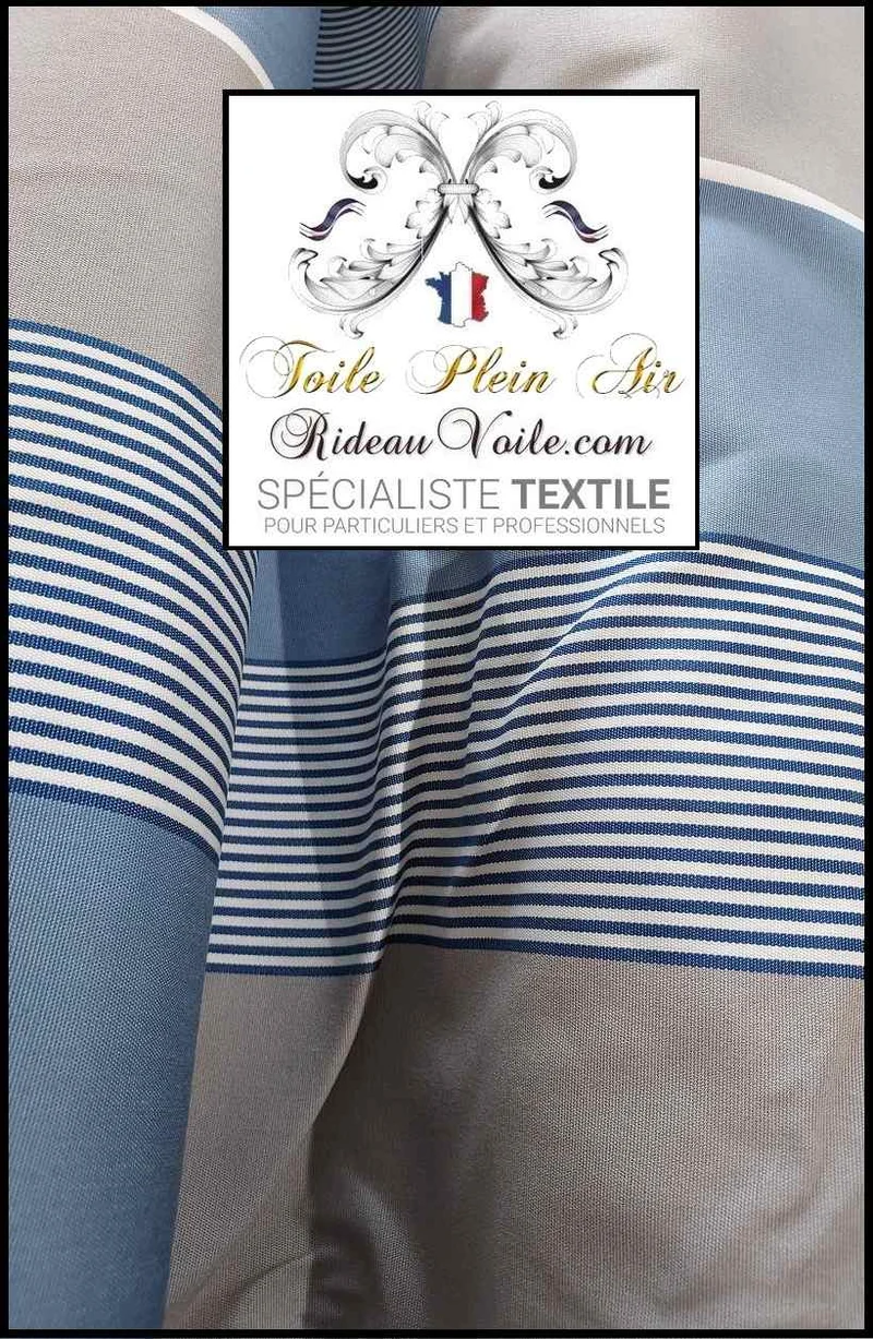 Toile ameublement imperméable intérieur extérieure mètre rayures gris bleu rideau